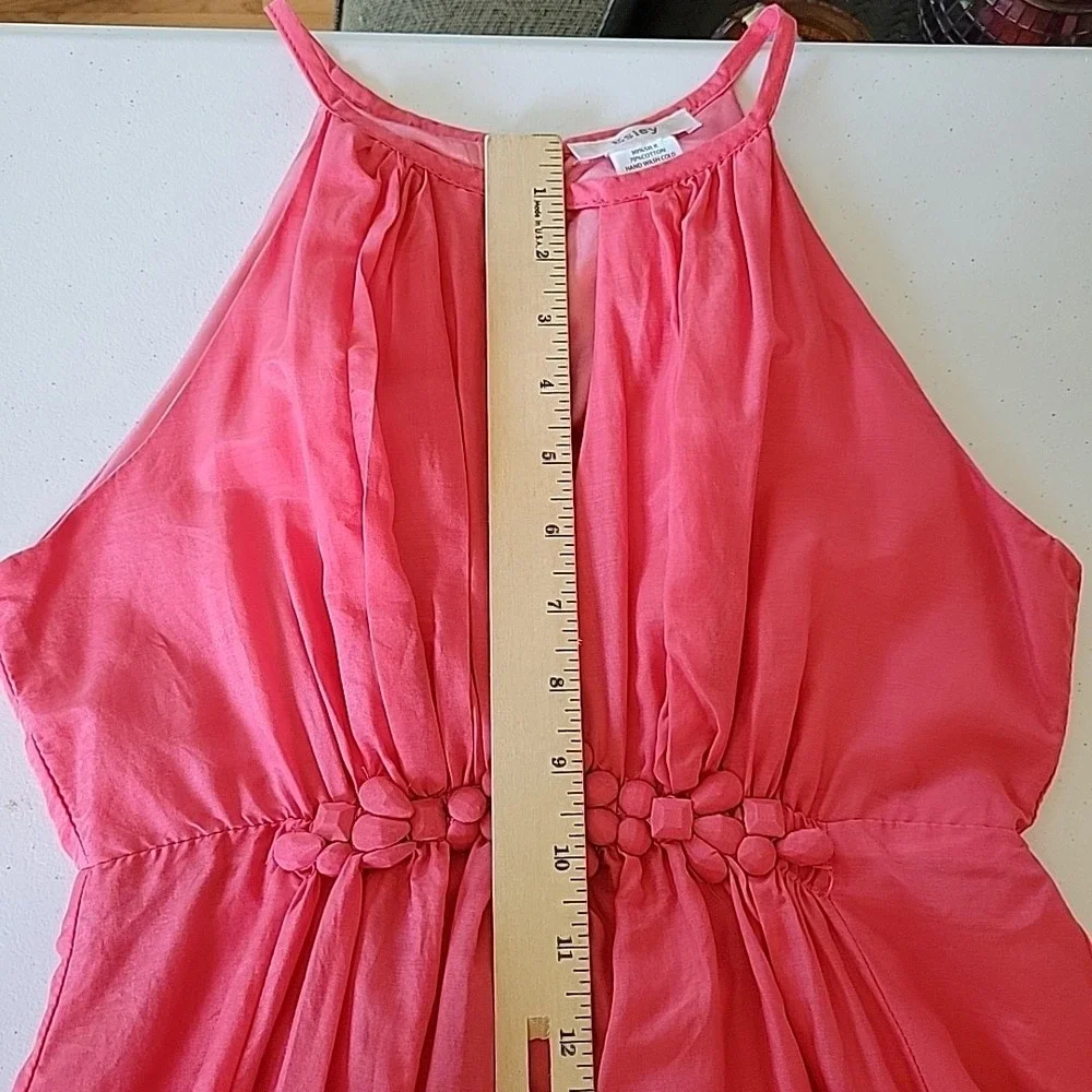 Esley Silk Blend Dress Coral High Neck Chic Cocktail Fairy Feminine Mod Romantic